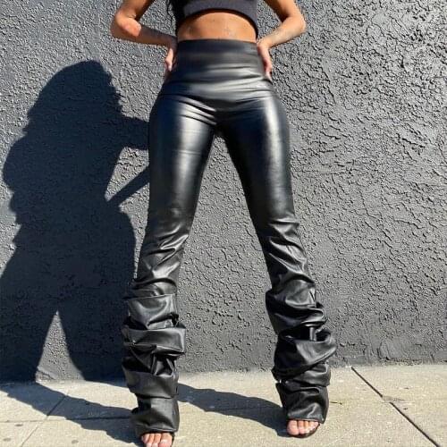 2020 Pu Leather Stacked Pants Autumn Winter Women Fashion Streetwear High Waist Trousers
