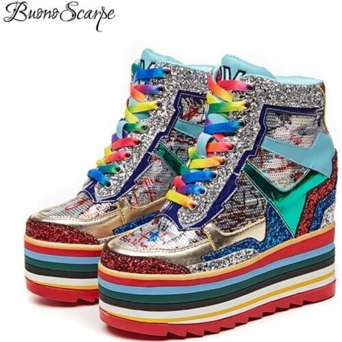 Rainbow Chunky Sneakers Women Casual Wedge Shoes High Heel Bliing Bling Platform Sneakers New Colorful High Platform Heel Shoes