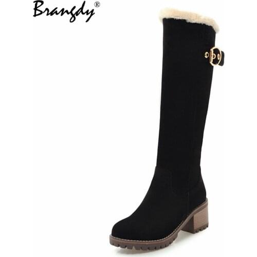 Brangdy 2021 Knee High Boots Winter Buckle Zipper Women Winter Boots Warm Fur Round Toe Square Heel Ladies Shoes Big Size 34-43