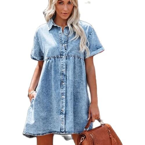 2021 Summer New Womens Fashion Hot-Selling Loose Solid Color Stitching Single-Breasted Lapel Short-Sleeved Dress
