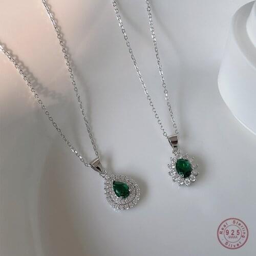 925 Sterling Silver European Simple Inlaid Green Crystal Drop Pendant Necklace Women Light Luxury Vintage Palace Style Jewelry