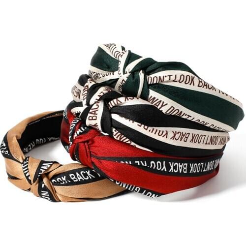 AMORCOME Vintage Handmade Wide Side Womens Hairband Classic Letter Print Cross Knot Headband Female Hair Accessories Hair Hoop