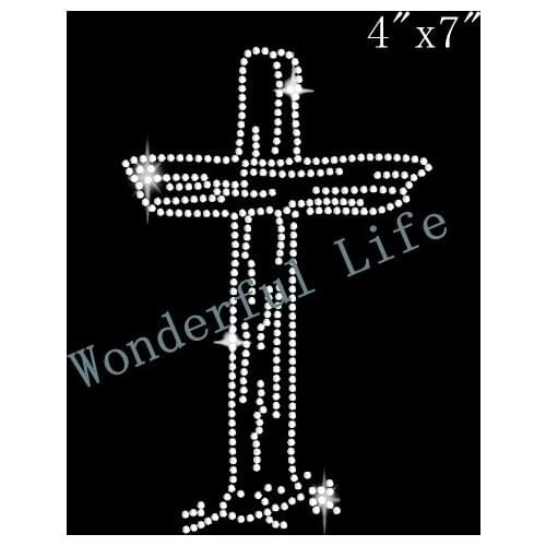 Free Shipping corss sign in white clear mode design hotfix motif rhinestones transfer