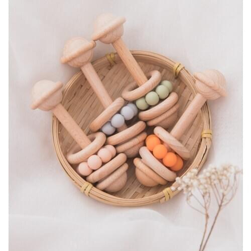 Wooden Rattle Beech Bear Hand Teething Wooden Ring Baby Rattles Play Gym Montessori Stroller Toy Educational Toys