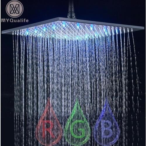 Black Rainfall Shower Head LED Light 16" Large Rainfall Shower Faucet Head Square Brass Showerhead Color Changing Head