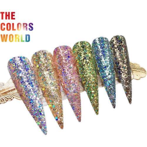 TCT-347 Holographic Solvent Resistant Chunky Mix Hexagon Nails Glitter Nail Art Decoration Body Art Makeup Tumbler Crafts DIY