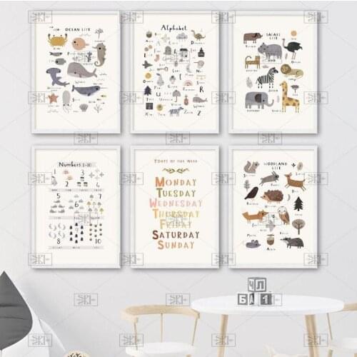 Ocean Animals Fish Art Canvas Painting Enlightenment Nordic Posters and Prints Alphabet Number Wall Pictures for Kids Room Decor