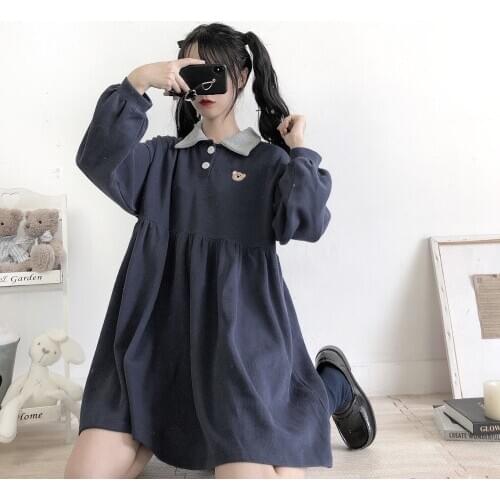 Cute Cartoon Rabbit Pink Hoodie Dress Teenage Girl Kawaii Bear Casual Pullover Japanese Navy Blue Long Sleeve Mini Dresses 2020