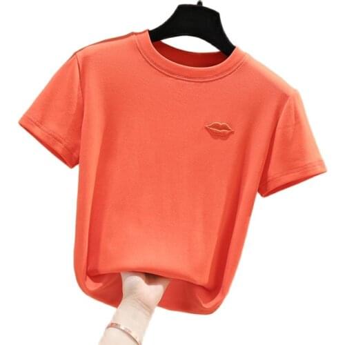 Fashion Womens Casual Embroidered Lip Cotton T-Shirt Short Sleeve T-Shirts 2021 T-Shirt Tee Shirt Femme Camisetas Mujer Tops