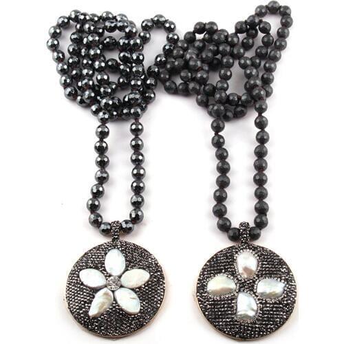 Fashion Bohemian Tribal Jewelry 8mm Hematite Stones Knotted Stone Circle Pendant Pearl Retro Necklaces Women Ethnic Necklace