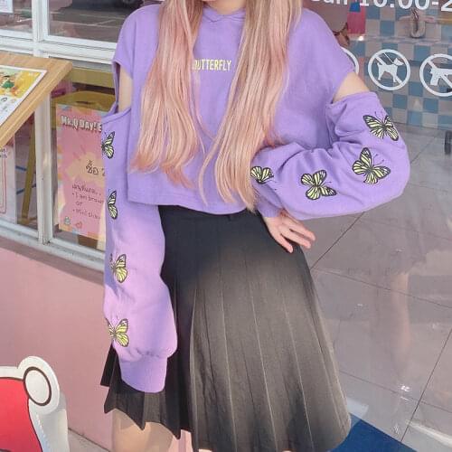 Spring and Autumn New Long-sleeved Hooded Sweatshirt Female Students Korean Version Loose Ins Butterfly Hole Short Top Women