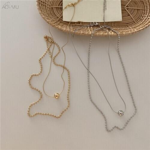 AOMU 2020 Korean Retro Double Layer Round Ball Pendant Necklace Gold Silver Color Bead Necklace for Women New Jewelry Party