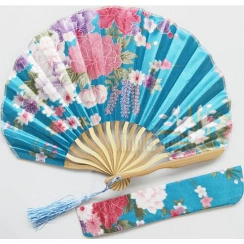 Personalized Cherry Blossom Design Round Cloth Folding Hand Fan with Gift Bag Wedding Gifts for Guests Free Shipping 100pcs