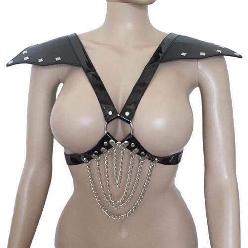 Sexy Women Leather Body Harness Cupless Vest Top with Shoulder Armor and Drape Chain Womens Mistress Fetish Costume