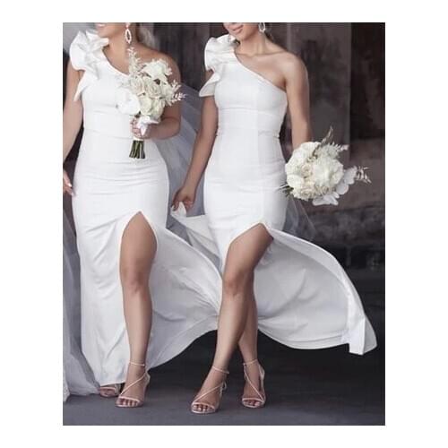 White Spandex One Shoulder Bridesmaid Dres 2020 Split Side Wedding Guest Bridal Party Gowns vestidos de fiesta de noche