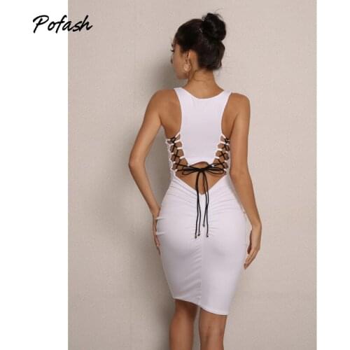 Pofash Lace Up Backless Sexy Bodycon Dresses Women Clothing Tie Party Club Bodycon Vestidos 2021 Female White Summer Mini Dress