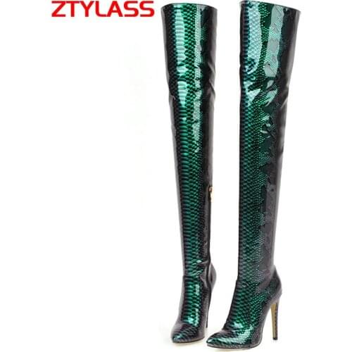 Fashion Over The Knee Boots Faux Snake Leather Sexy Thin High Heel Long Boots Zipper Boots AutumWinter Women Shoes