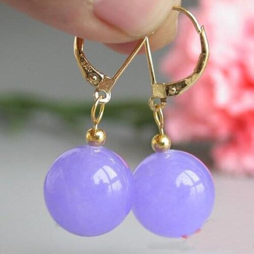 New Amazing Gemstone Jewelry 14MM Round Lavender Jade Beads Dangle Earrings 14K Gold Hook Charming Lady Gift