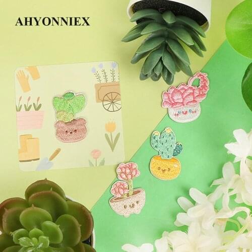 AHYONNIEX Cute Cactus Plant Embroidered Patches DIY Applique Embroidery Parches Fabric Stickers Iron On Patch for Clothes