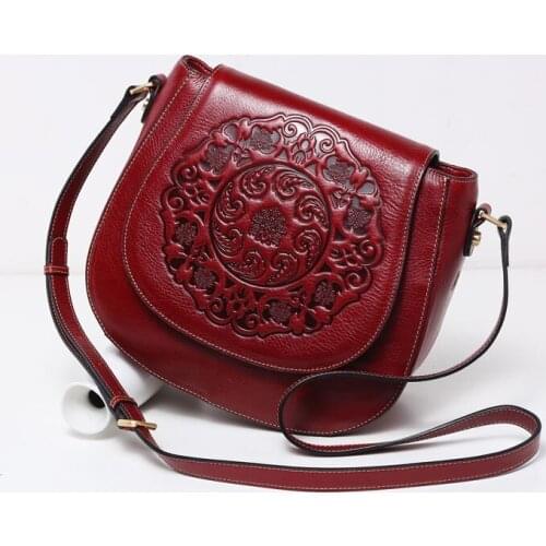 Retro Floral First Layer Genuine Cow Leather Women Bag Leisure Handmade Embossed Flower Large Capacity Shoulder Crossbody Bags