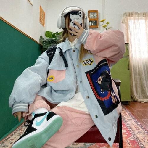 Street hip hop retro color contrast lovely girl BF loose oversized coat cotton padded clothes men and women fashion jackets