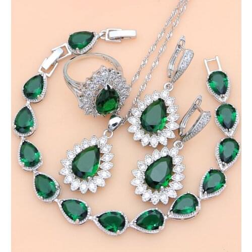 Wddings Silver 925 Jewelry Sets Green Emerald Beads Earrings Rings Necklace Set Women Party Jewellry Dropshipping