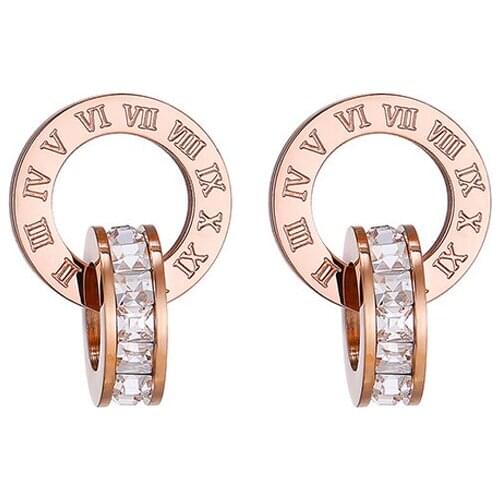 European Roman Numeral Jewelry Stainless Steel Square Zircon Double Loop Rose Gold Color Women Earrings Wholesale