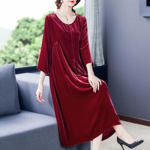 Elegant Vintage Loose Red Gold Velvet Midi Dress 2020 Autumn Winter Casual Solid 4XL Plus Size Dress Women Bodycon Party Vestido