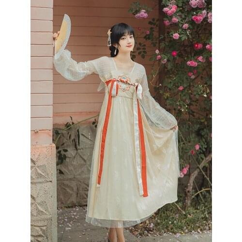 Women Hanfu Vestidos Sweet Retro Dress Summer Lantern Sleeve Square Neck Elegant and Chic Mesh Embroidered Gentle Fairy Dress