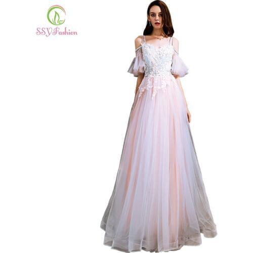 SSYFashion New Pink Evening Dress Sweet Lace Appliques V-neck Floor-length Soft Tulle Prom Gown Custom Made Formal Dresses