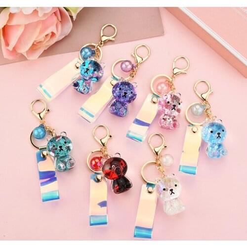 2021 Creative Animal Keyring Car Bag Pendant Keyfob Jewelry Gift Korean Quicksand Sequins Oiled Bear Keychain Liquid Acrylic