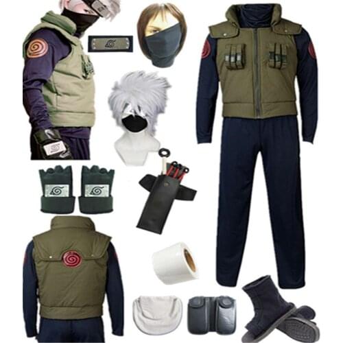 Anime Hatake Kakashi Cosplay Costume Green Vest Shirt Pants Boots Wig Full Comic Halloween Set For Male Female Kids