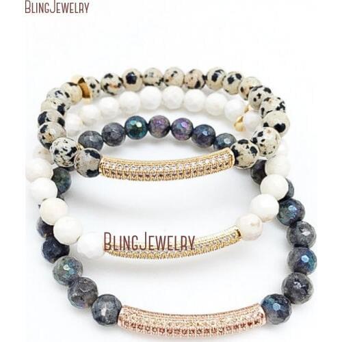 Micro Pave Bar Zircon CZ Bar Bracelet Stacking Dalmatian Jaspers Labradorite White Turquoises Howlite Beads Bracelet BM20348