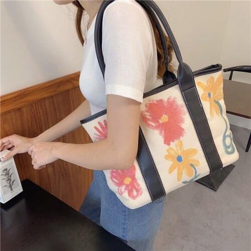 Brand Luxury Handbag Women Canvas Bag Flower Graffiti Tote Women Beach Large Capacity Shoulder Bags Designer Casual Shopping Bag