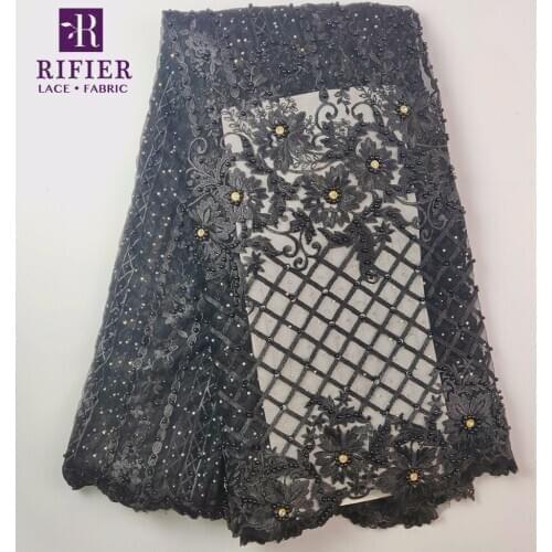 Black Color African Beads Lace Fabric With Big Rhinestones High Quality Fashion Style Nigerian Embroidery Stones Party Material