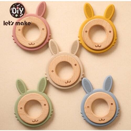 Lets make Baby Wooden Teether Silicone Rabbit Ring BPA Free Newborn Molar Soothing Teething Toy Baby Teethers Infant Gift
