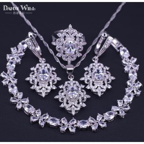 Vintage white cubic zircon earrings-rings-necklace-bracelets set silver color costume jewelry sets for women present