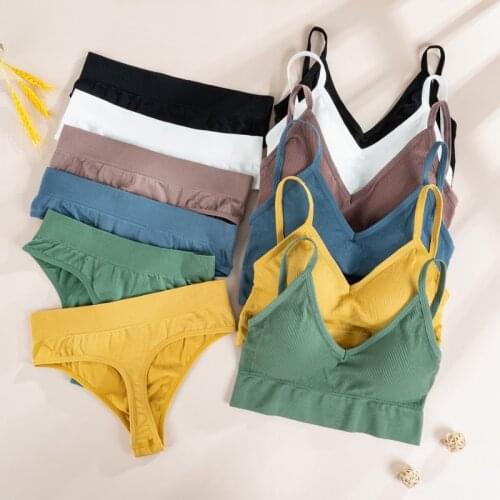 Women Bra Panties Set Sexy G-String Push Up Bra Crop Top Seamless Underwear Fitness Active Bra Thongs Female Top Lingerie Set