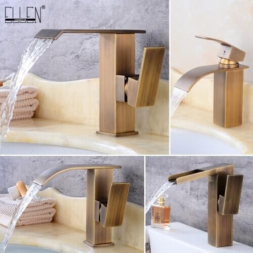 ELLEN Square Bathroom Faucet Antique Bronze Deck Mounted Waterfall Hot Cold Crane Mixer Water Tap Single Hole Faucets ELF1324S