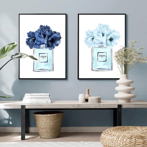 Fashion Poster Perfume Poster Canvas Painting light Blue Wall Posters Flower Prints Vanity decor Pictures Living Room Decoration
