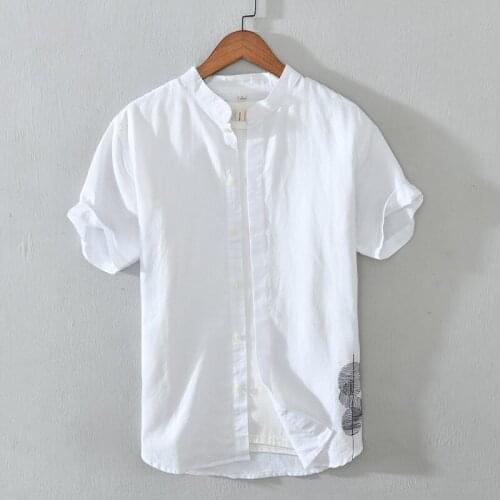 Short Sleeve Shirts for Men Chinese Cotton Linen Casual Tops Male Summer New Stand Embroidery Regular Clothes Classic Style