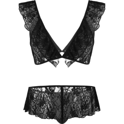 Men Sheer Lace Sissy Crossdresser Nightwear Bikini Lingerie Set Sleeveless Bra Tops with Skirted G-string Thong Briefs Underwear