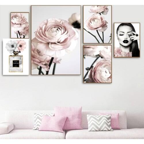 Pink Flower Wall Art Canvas Painting Fashion Woman Paris Perfume Nordic Posters And Prints Wall Pictures For Living Room Decor