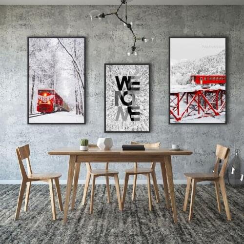 Wall Art The Red Train Passing By In The Snowing-Capped Mountains Canvas Painting Posters and Prints Decorative for Living Room