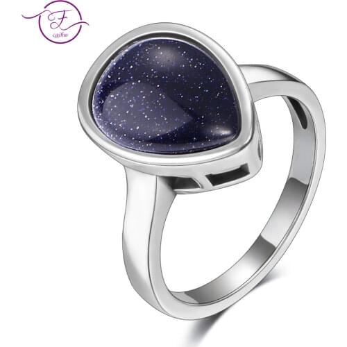 Genuine 925 Sterling Silver Jewelry Water Drop Blue Sandstone Rings For Women Fine Jewelry Anniversary Gift Wholesale