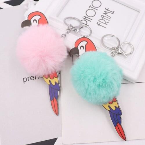 New cute Creative personality colorful parrot High quality Fake Rabbit Fur Ball Key Chain Pompom Women Bag Jewelry