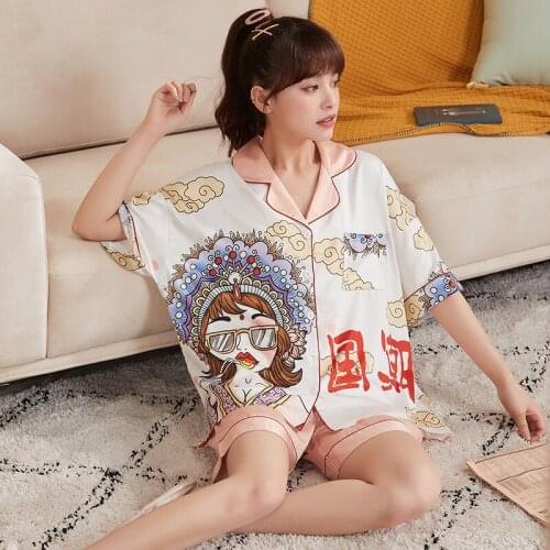 Womens Homedress Pajamas Sets Short Sleeve Shorts Ice Silk Nightgown Turn-down Collar Sleepwear Silk-like Fabric Home Clothing