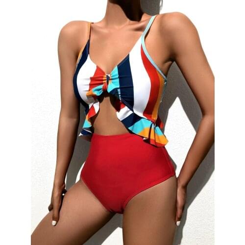 Sexy Cut Out One Piece Swimsuit Women Striped Halter Push Up High Waisted Bathing Suit Bowknot Padded Bandage Swimwear Monokini
