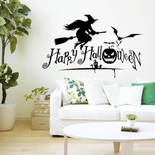 Removable Wall Sticker Mural Witch on Broomstick Horror Happy Halloween Bats Pumpkin Home Bedroom Window Gift Decal Y-936