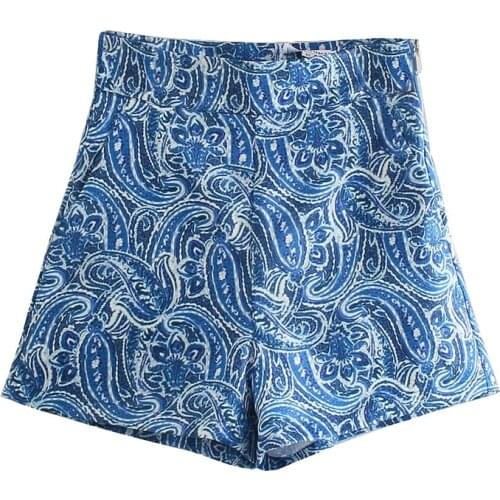 2021 Women Chic Fashion Front Pockets Paisley Print Shorts Vintage High Waist Side Zipper Female Short Pants Mujer